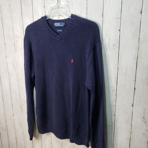 Vintage Polo Ralph Lauren Men's Blue Heavyweight V-Neck Sweater Size Large Logo. - Picture 2 of 6